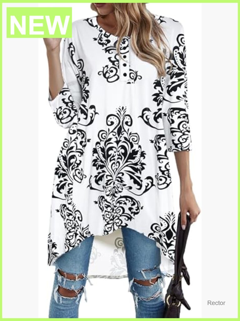 Extra Long Tunic Tops 3/4 Sleeve High Low Hem Loose Fit Blouses S-3xl